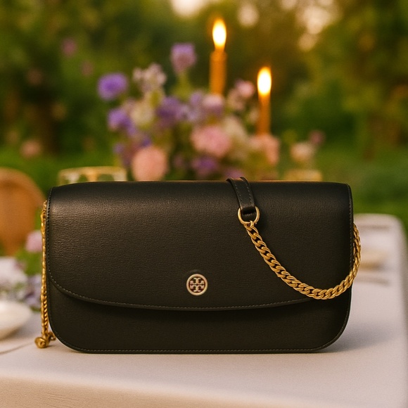 NEW Tory Burch Robinson Black Saffiano Leather Chain Wallet/MINI Crossbody Bag - Picture 1 of 13